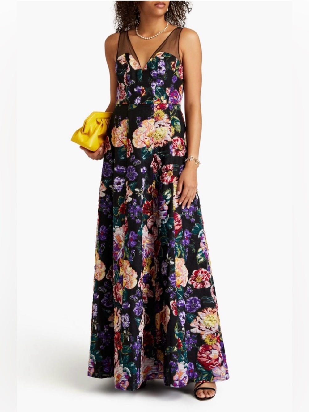 MARCHESA NOTTE Tulle-Trimmed Floral-Jacquard Gown